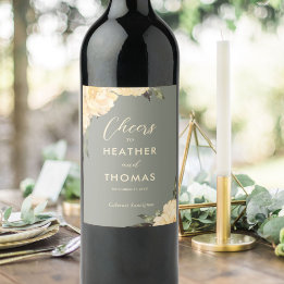 Moderne Sage Groen Geel Bloemen Huwelijk Wijn Etiket