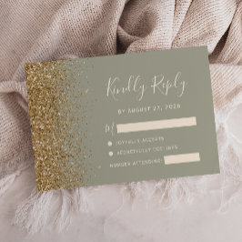 Moderne Sage Groen Goud Faux Glitter Edge RSVP Kaartje