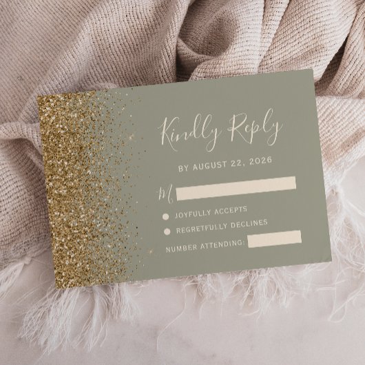 Moderne Sage Groen Goud Faux Glitter Edge RSVP Kaartje