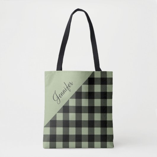 Moderne Sage Groen Plaid Patroon Naam Tote Bag (Voorkant)