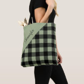 Moderne Sage Groen Plaid Patroon Naam Tote Bag (Dichtbij)