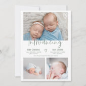 Moderne sage groen script 3 foto baby tweeling geb aankondiging (Voorkant)