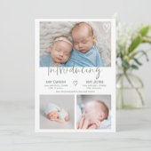 Moderne sage groen script 3 foto baby tweeling geb aankondiging (Staand voorkant)