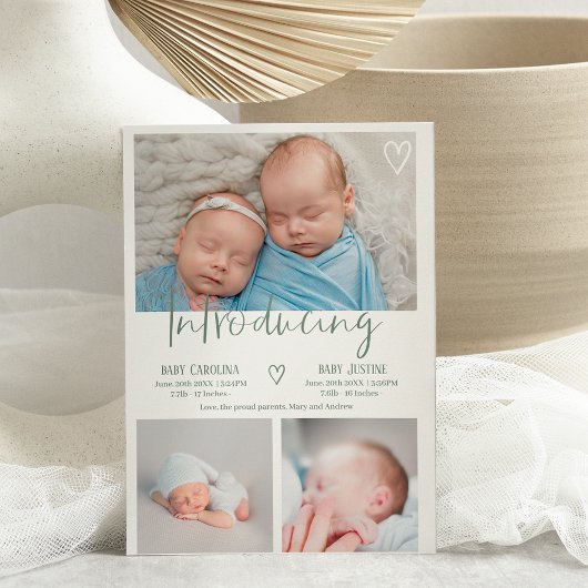 Moderne sage groen script 3 foto baby tweeling geb aankondiging