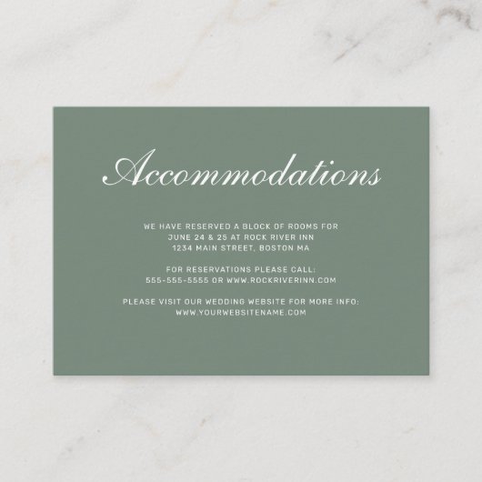 Moderne Sage Groen Wit Bruiloft Accommodaties Informatiekaartje (Voorkant)