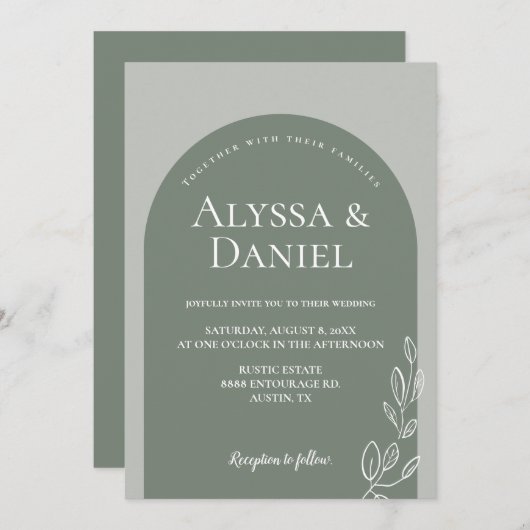 Moderne Sage Groen Wit Eenvoudige Boog Bruiloft Kaart (Voorkant / Achterkant)