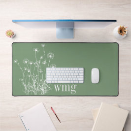 Moderne Sage Groen & Witte Wildbloemen Monogram Bureaumat
