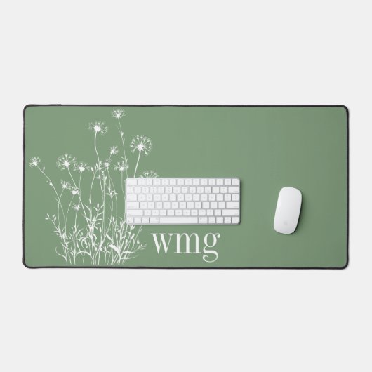 Moderne Sage Groen & Witte Wildbloemen Monogram Bureaumat (Keyboard & Muis)