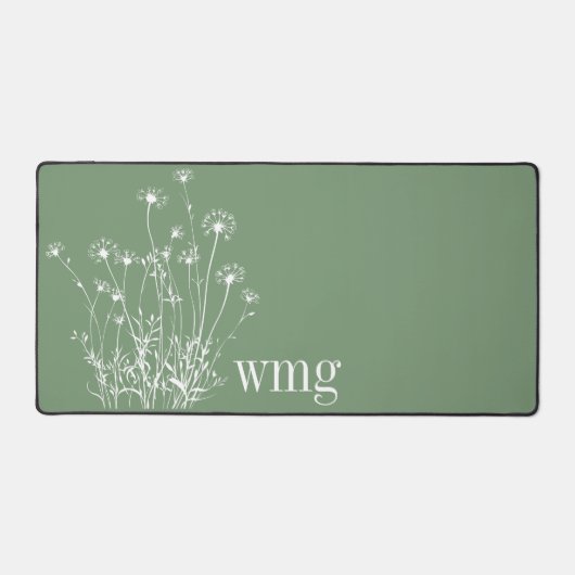 Moderne Sage Groen & Witte Wildbloemen Monogram Bureaumat (Voorkant)