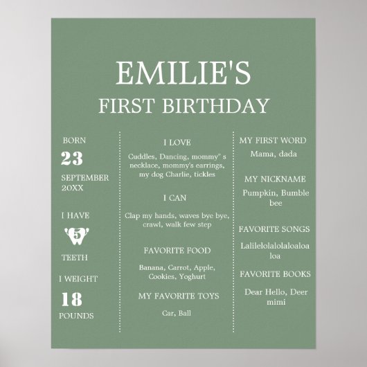 Moderne Sage Groene Baby 1e Verjaardag Mijlpaal te Poster (Voorkant)