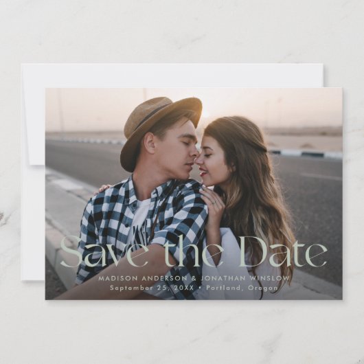 Moderne Sage Groene  belettering foto Save The Date (Voorkant)
