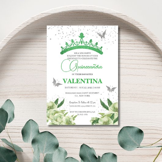 Moderne Sage Groene Bloemenvlinders Quinceañera Kaart