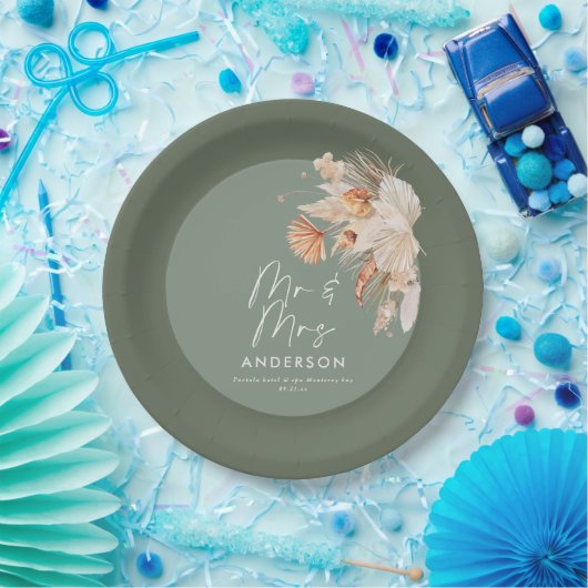 moderne sage groene bohemazaad gras Mr & Mrs. Papieren Bordje (Feest)