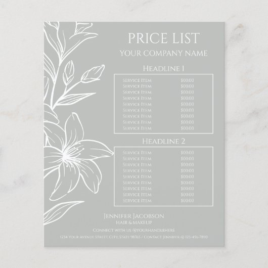 Moderne Sage Groene Boho Bloemen prijslijst Flyer (Voorkant)