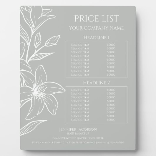 Moderne Sage Groene Boho Bloemen prijslijst Fotoplaat (Voorkant)