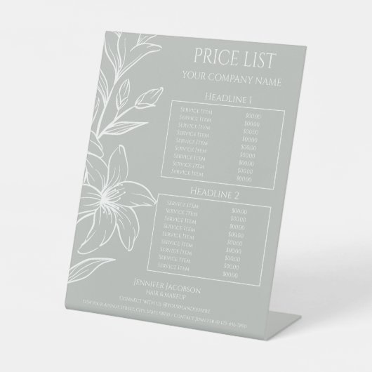 Moderne Sage Groene Boho Bloemen prijslijst Reclamebord Met Voetstuk (Voorkant)