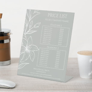 Moderne Sage Groene Boho Bloemen prijslijst Reclamebord Met Voetstuk