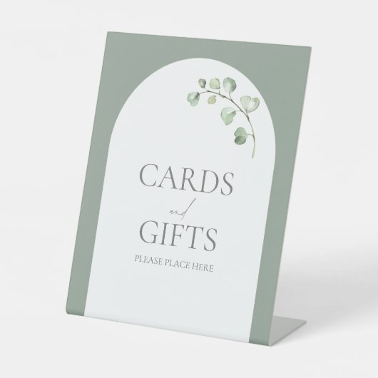 Moderne Sage Groene Boog Botanisch Huwelijkscadeau Reclamebord Met Voetstuk (Voorkant)