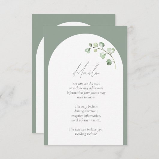 Moderne Sage Groene Boog Botanische Bruiloft Detai Informatiekaartje (Voorkant / Achterkant)