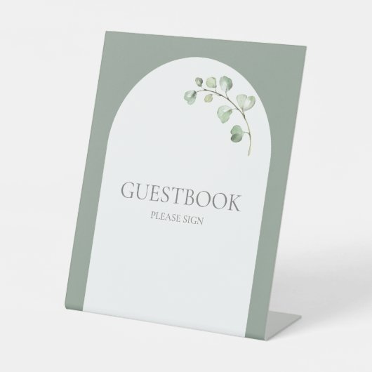 Moderne Sage Groene Boog Botanische Bruiloft Gaste Reclamebord Met Voetstuk (Voorkant)