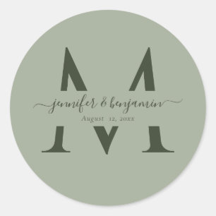 Moderne Sage Groene Bruiloft Monogram Envelop Afdi Ronde Sticker
