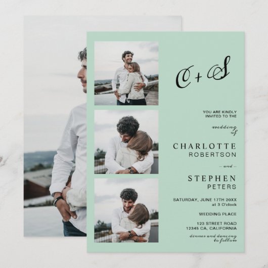 Moderne sage groene casual initialen foto bruiloft kaart (Voorkant / Achterkant)
