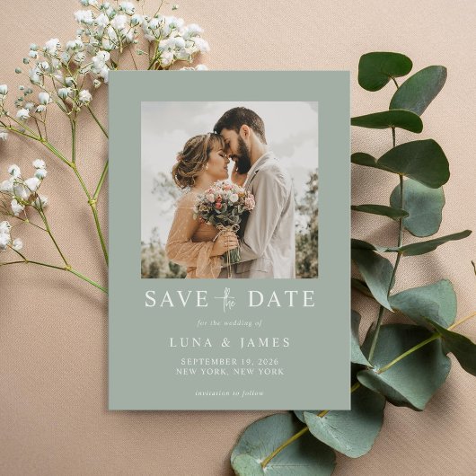 Moderne Sage Groene Eenvoudige Foto Bruiloft Save The Date