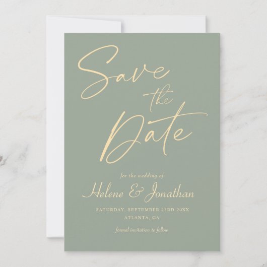 Moderne Sage Groene Elegante Minimalistische Bruil Save The Date (Voorkant)