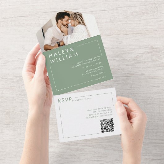 Moderne Sage Groene Elegante Minimalistische Foto  All In One Uitnodiging (Afscheurbaar)