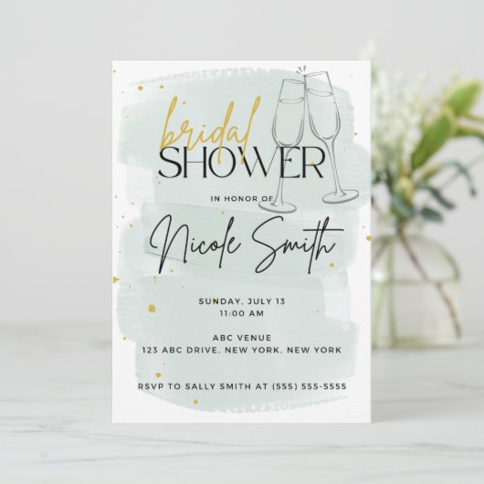 Moderne Sage Groene en Gouden Douche Uitnodigingen (Staand voorkant)