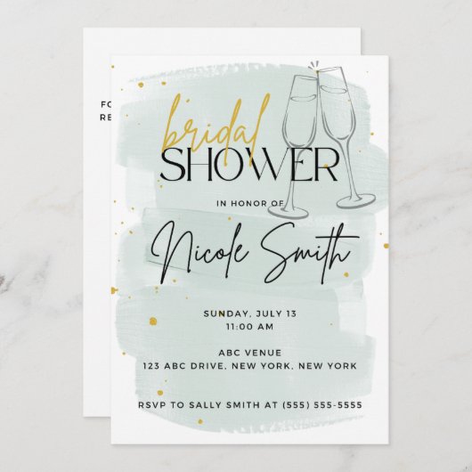 Moderne Sage Groene en Gouden Douche Uitnodigingen (Voorkant / Achterkant)