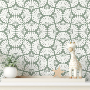 Moderne Sage Groene en Witte Ogee Palm Fan Behang