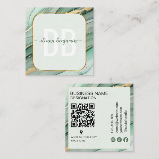 Moderne Sage Groene Gouden Monogram Qr Code Vierkante Visitekaartje (Voorkant / Achterkant)
