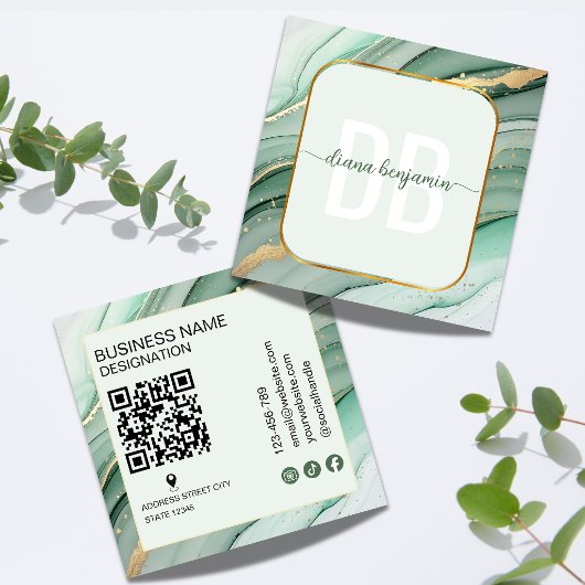 Moderne Sage Groene Gouden Monogram Qr Code Vierkante Visitekaartje
