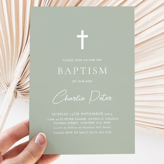 Moderne Sage Groene Jongens Kruis Doopsel Kaart
