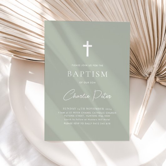 Moderne Sage Groene Jongens Kruis Doopsel Kaart