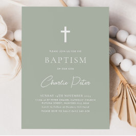Moderne Sage Groene Jongens Kruis Doopsel Kaart