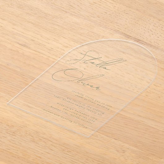 Moderne Sage Groene Kalligrafie Namen Trouwen Acryl Uitnodigingen (Laagn)