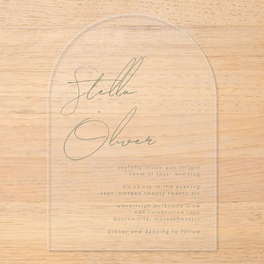 Moderne Sage Groene Kalligrafie Namen Trouwen Acryl Uitnodigingen (Voorkant)