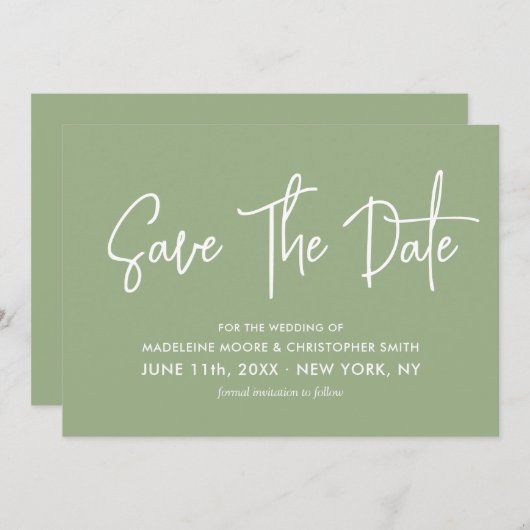 Moderne Sage Groene Kalligrafie Scannable QR Code Save The Date (Voorkant / Achterkant)