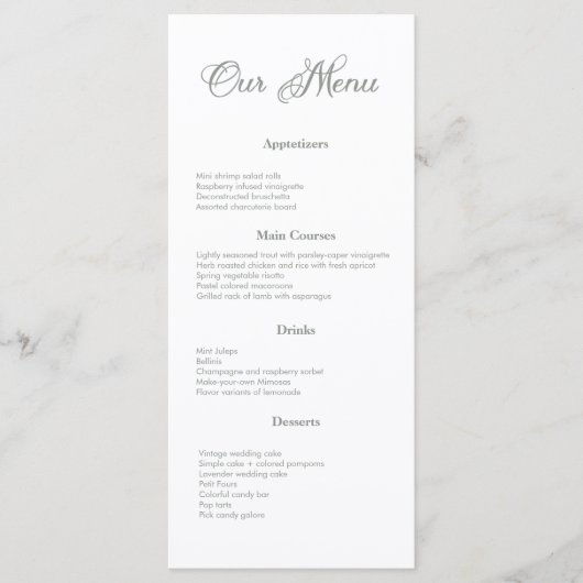 Moderne Sage Groene Kalligrafie Wit Trouwmenu Menu (Voorkant)