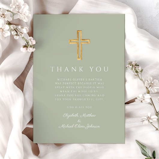 Moderne Sage Groene Kruis Doop Bedankkaart