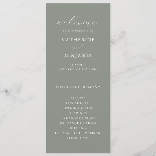 Moderne Sage Groene Minimalistische Bruiloft Programmakaart (Voorkant)