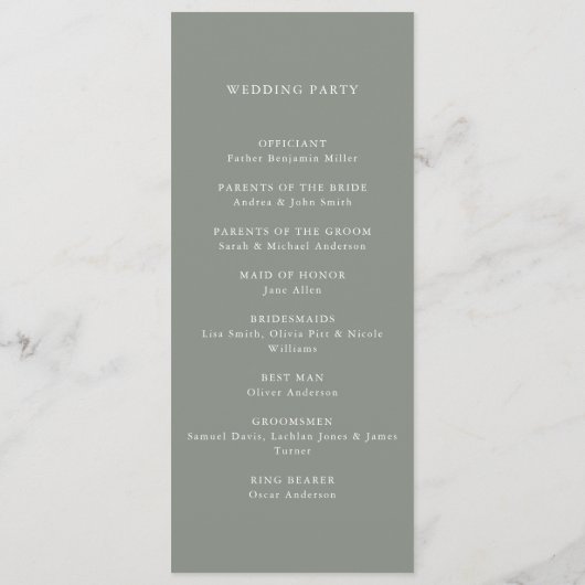 Moderne Sage Groene Minimalistische Bruiloft Programmakaart (Achterkant)