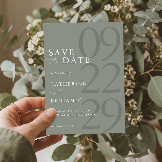 Moderne Sage Groene Minimalistische Bruiloft Save The Date