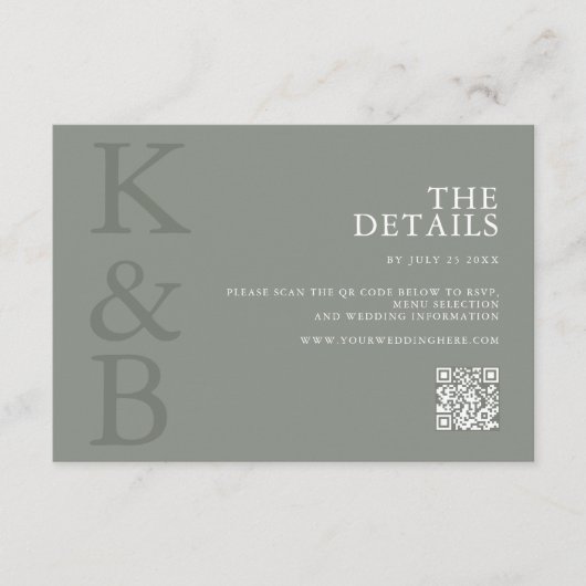 Moderne Sage Groene Monogram Minimalistische Bruil Informatiekaartje (Voorkant)