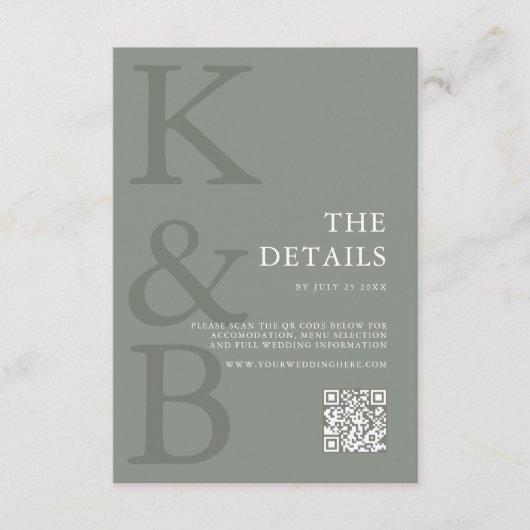 Moderne Sage Groene Monogram Minimalistische Bruil Informatiekaartje (Voorkant)