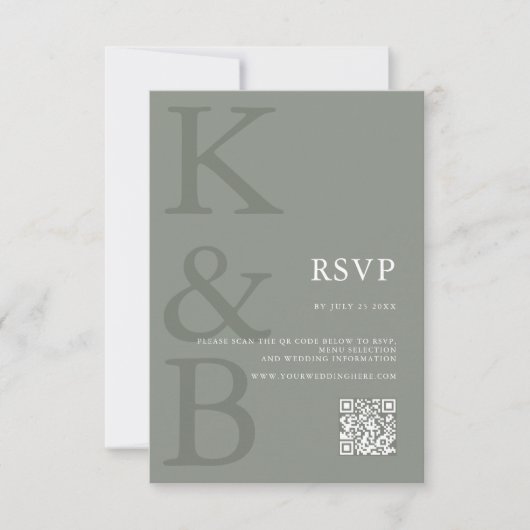 Moderne Sage Groene Monogram Minimalistische Bruil RSVP Kaartje (Voorkant)