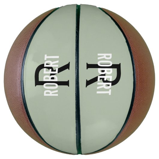 Moderne sage groene monogram naam basketbal (Verticaal)