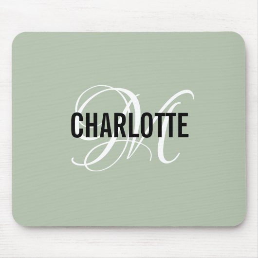 Moderne sage groene monogram naam muispad muismat (Voorkant)